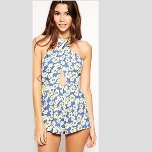 ASOS Daisy Print Halter Cut-out Blue Romper